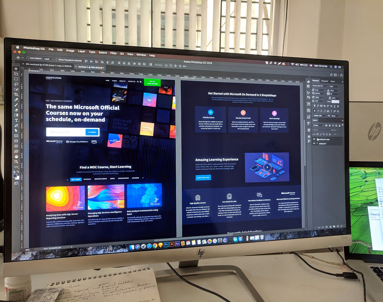 Computer monitor displaying Adobe Photoshop with a Microsoft official courses website being edited.